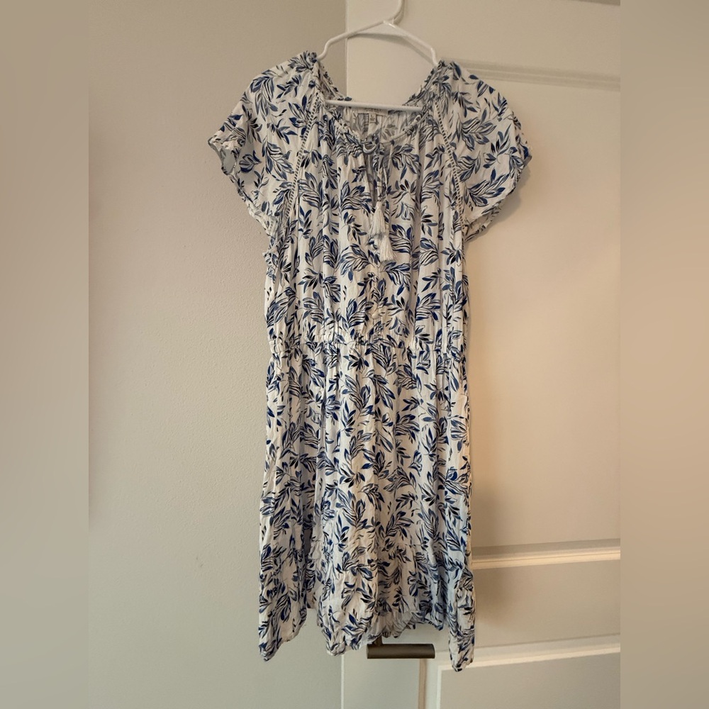 Angels White Midi Dress with Navy Leaf Print